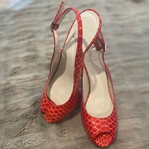 Stuart Weitzman Red Snakeskin Peep Toe Heels 7
